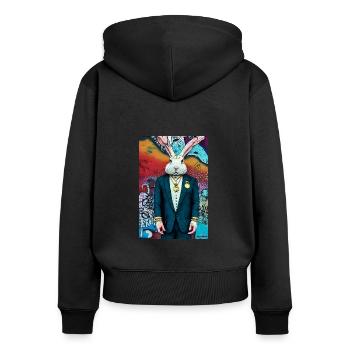 Hase im Anzug | moderner, urbaner Stil, farbenfroh - Frauen Premium Bio Zip Hoodie - Schwarz - Hinten - Julia (174cm)