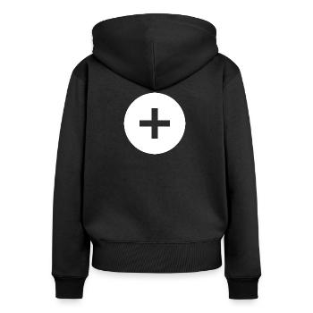 Plus | Symbol | Weiß | Geschenkidee - Frauen Premium Bio Zip Hoodie - Schwarz - Hinten - Julia (174cm)