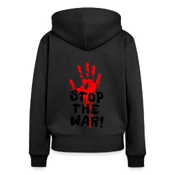 STOP THE WAR - Anti-Krieg + gegen Krieg - Frauen Premium Bio Zip Hoodie - Schwarz - Hinten - Julia (174cm)