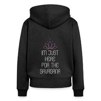 Cadeau de yoga Savasana - Sweat à capuche zippé Premium bio Femme - noir - Dos - Julia (174cm)