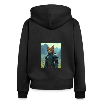 Chat guerrier en armure fantaisiste. - Sweat à capuche zippé Premium bio Femme - noir - Dos - Julia (174cm)