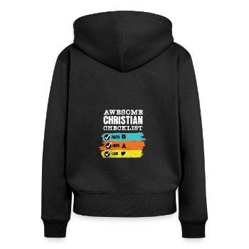 Humour chrétien Foi Prière Amour - Sweat à capuche zippé Premium bio Femme - noir - Dos - Julia (174cm)