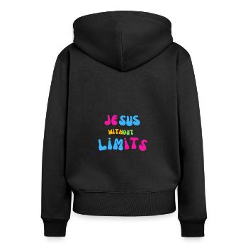 Jesus ohne Grenzen Flower Power Design - Frauen Premium Bio Zip Hoodie - Schwarz - Hinten - Julia (174cm)
