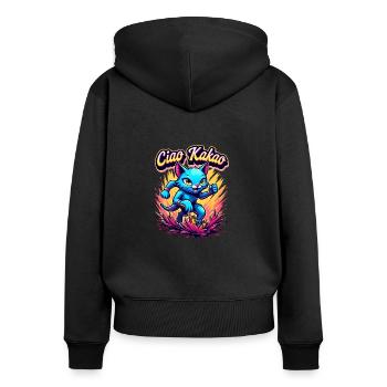 Ciao Kakao rennende Katze Matschlauf Laufshirt - Frauen Premium Bio Zip Hoodie - Schwarz - Hinten - Julia (174cm)