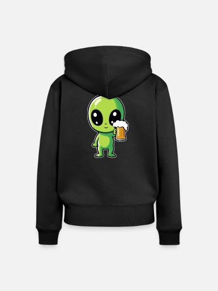 Alien mit Bier - Frauen Premium Bio Zip Hoodie - Schwarz