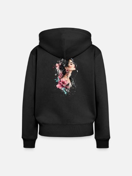 Frauenprofil mit Blütenohrring - Frauen Premium Bio Zip Hoodie - Schwarz