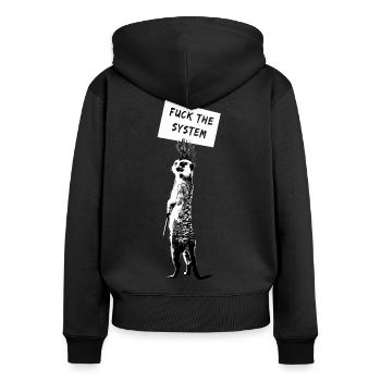 Erdmänchen / Fuck the Systtem - Frauen Premium Bio Zip Hoodie - Schwarz - Hinten - Julia (174cm)