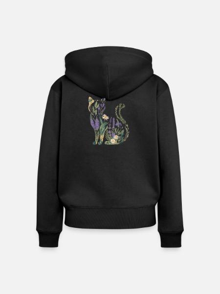 Boho Katze Pflanzen Blumen - Frauen Premium Bio Zip Hoodie - Schwarz