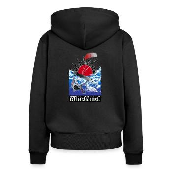 WINDKIND Große Welle - Frauen Premium Bio Zip Hoodie - Schwarz - Hinten - Julia (174cm)