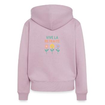 Vive la retraite. Femme fraîchement retraitée - Sweat à capuche zippé Premium bio Femme - rose poudré - Dos - Julia (174cm)