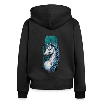 Azurblaue Gelassenheit: Einhorn mit blauer Wassermähne - Frauen Premium Bio Zip Hoodie - Schwarz - Hinten - Julia (174cm)