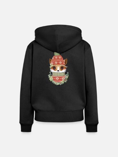 niedlicher Fuchs mit Pullover,Bommelmütze & Kranz - Frauen Premium Bio Zip Hoodie - Schwarz