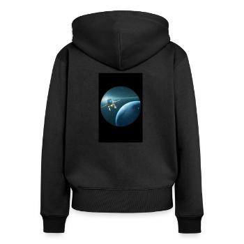 Erkunden Sie Ihre Welt - Frauen Premium Bio Zip Hoodie - Schwarz - Hinten - Julia (174cm)
