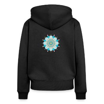 Mandala Blume, blau, sand - Frauen Premium Bio Zip Hoodie - Schwarz - Hinten - Julia (174cm)