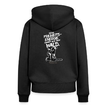 Holzfäller Spruch Freiheitsenergie - Frauen Premium Bio Zip Hoodie - Schwarz - Hinten - Julia (174cm)