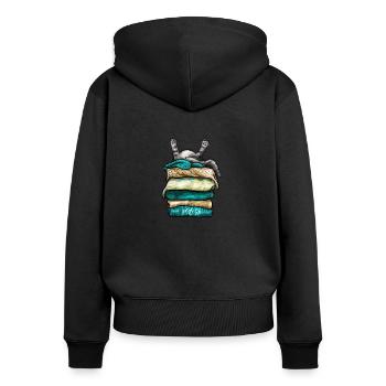 Jasper, der Morgenmuffel - Frauen Premium Bio Zip Hoodie - Schwarz - Hinten - Julia (174cm)