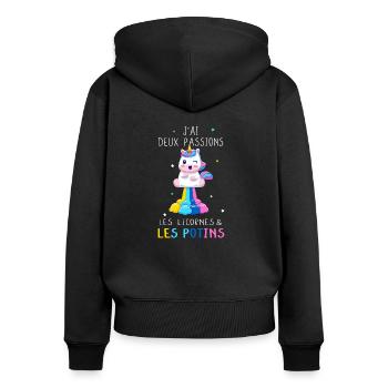 Fille potin blabla licorne pipelette - Sweat à capuche zippé Premium bio Femme - noir - Dos - Julia (174cm)