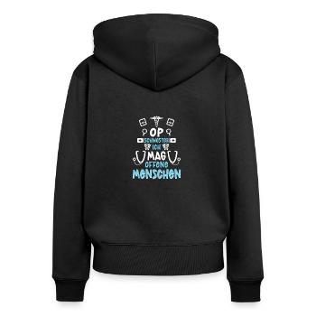 OP Schwester Ich Mag Offene Menschen - Frauen Premium Bio Zip Hoodie - Schwarz - Hinten - Julia (174cm)
