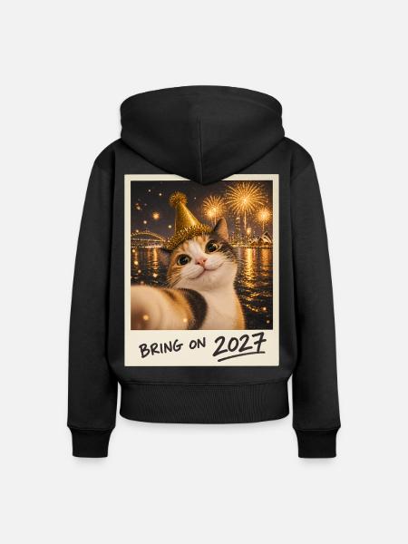 Bring On 2027 Glückskatze Selfie Silvester - Frauen Premium Bio Zip Hoodie - Schwarz