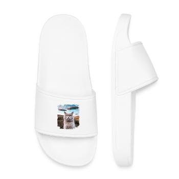 Funny British Shorthair Cat selfie with Alien UFOs - Kids’ Pool Sliders - white - Front