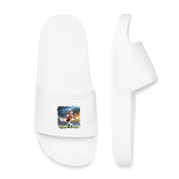 Female footballer cartoon character stadium with lightning bolts - Kids’ Pool Sliders - white - Front