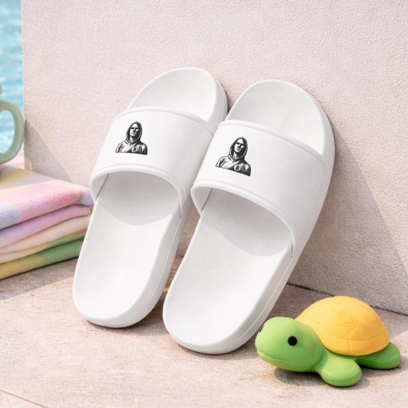 Anonymous hacker with Bitcoin logo Kids’ Pool Sliders