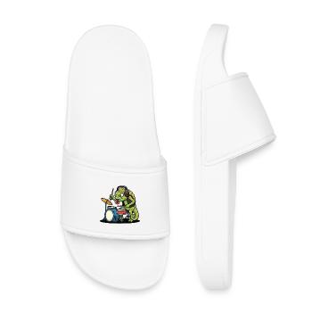 Chamäleon-Schlagzeuger Rockmusik-Maskottchen-Zeichentrick - Kinder Badelatschen - Weiß - Vorne