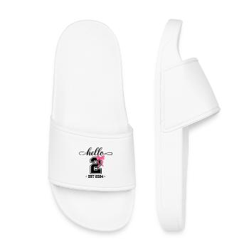 Hello 2 Est 2024 Rosa Schleife Design - Kinder Badelatschen - Weiß - Vorne