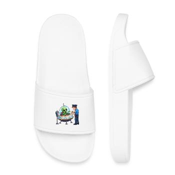 Extraterrestrial in UFO bureaucracy scene - Kids’ Pool Sliders - white - Front