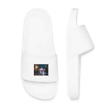 Pink fluff creature on rainy night - Kids’ Pool Sliders - white - Front