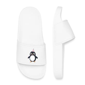 Glücklicher Pinguin mit Partyhut - Cartoon Design - Kinder Badelatschen - Weiß - Vorne