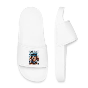 Dackelblick Ja Dackel mit Cap stylische Brille - Kinder Badelatschen - Weiß - Vorne
