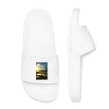Landschaft mit See, Sonnenschein, Boot und Berge - Kinder Badelatschen - Weiß - Vorne