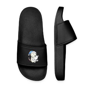 Sleeping Tired - Cat with Pillow and Sleepy Cap - Kids’ Pool Sliders - black - Front