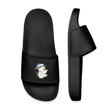 Sleeping Tired - Cat with Pillow and Sleepy Cap - Kids’ Pool Sliders - black - Front