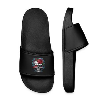 Totenkopf mit Rosen - Kinder Badelatschen - Schwarz - Vorne