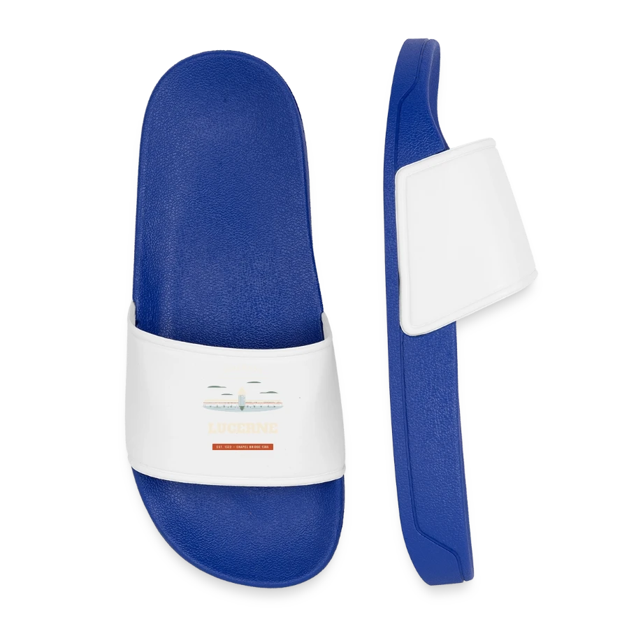Lucerne badge on a kids’ pool sliders, royal blue
