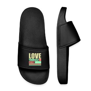 Love Yourself First Selbstliebe Selbstfürsorge - Kinder Badelatschen - Schwarz - Vorne