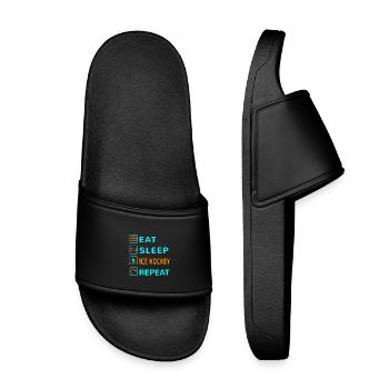 Essen. Schlafen. Eishockey. Wiederholen Design - Kinder Badelatschen - Schwarz - Vorne