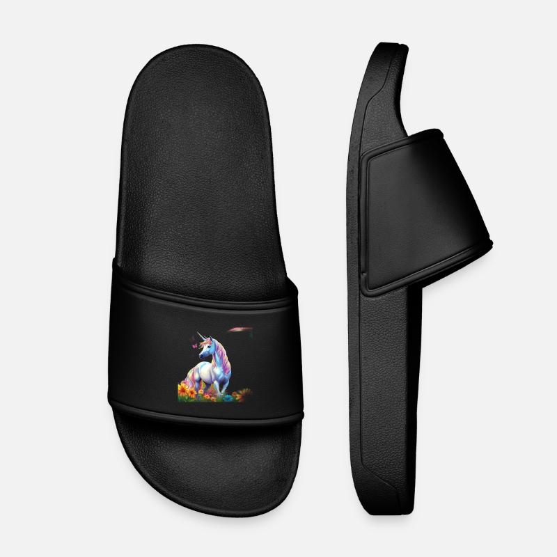Himmlisches Einhorn im Blumenfeld mit Schmetterlin - Kinder Badelatschen - Schwarz
