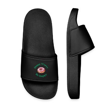 Donut Worry Be Happy - Funny Donut Saying - Kids’ Pool Sliders - black - Front