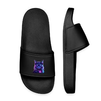 Neon Space Cat Cat Portrait - Kids’ Pool Sliders - black - Front