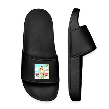 Woman on the beach with classic car - Kids’ Pool Sliders - black - Front