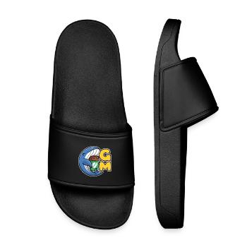 Web3 whale with a coffee that says Good Morning - Kids’ Pool Sliders - black - Front