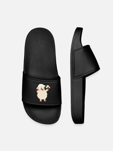 Flower Wreath Sheep Illustration - Kids’ Pool Sliders - black