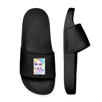 Farbenfrohe Fantasieporträtdesign - Kinder Badelatschen - Schwarz - Vorne