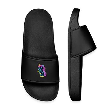 Süßes Neon Einhorn stehend | Bunt und leuchtend - Kinder Badelatschen - Schwarz - Vorne