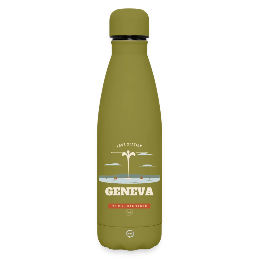 Geneva badge on a matte insulated water bottle 500 ml, olive green 