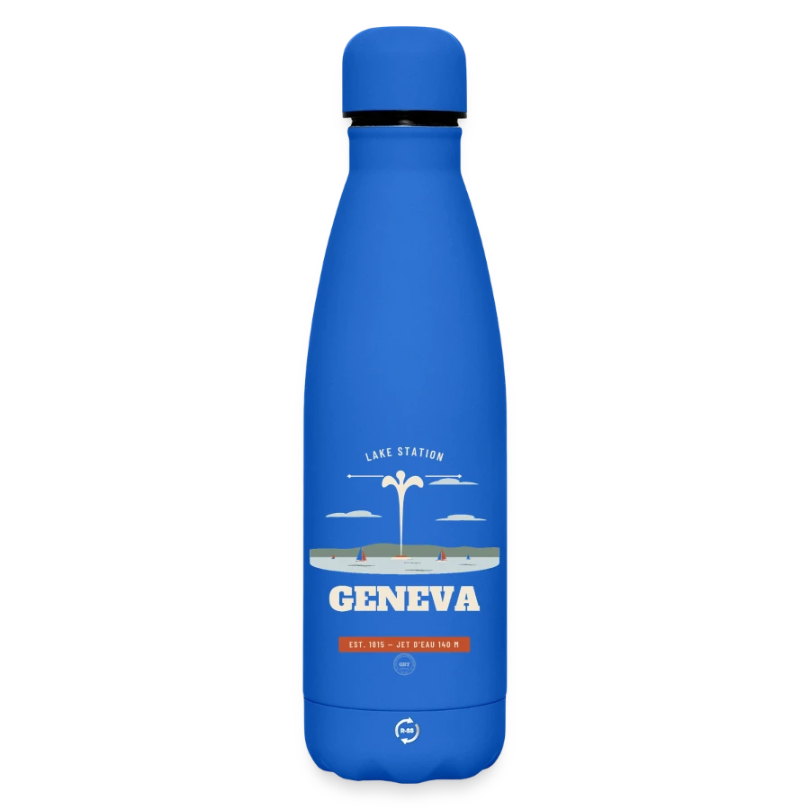 Geneva badge on a matte insulated water bottle 500 ml, royal blue