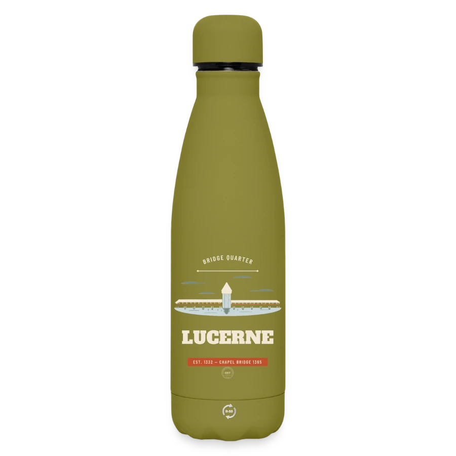 Lucerne badge on a matte insulated water bottle 500 ml, olive green 